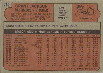 1972 Topps #212 Grant Jackson Back