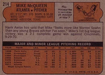 1972 Topps #214 Mike McQueen Back