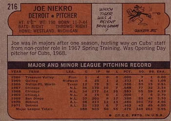 1972 Topps #216 Joe Niekro Back