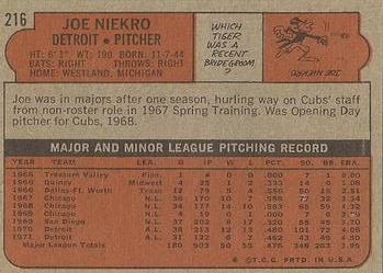 1972 Topps #216 Joe Niekro Back