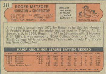 1972 Topps #217 Roger Metzger Back