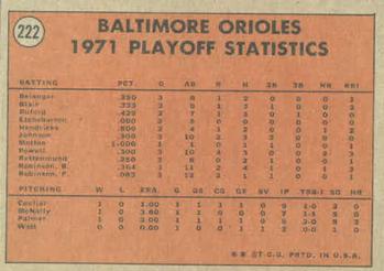 1972 Topps #222 1971 A.L. Playoffs: Orioles Champs! Back