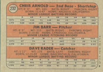 1972 Topps #232 Giants 1972 Rookie Stars (Chris Arnold / Jim Barr / Dave Rader) Back