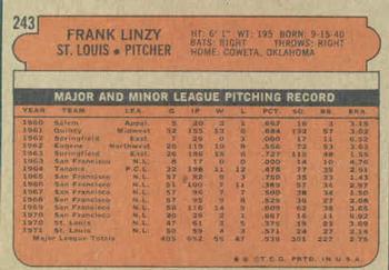 1972 Topps #243 Frank Linzy Back