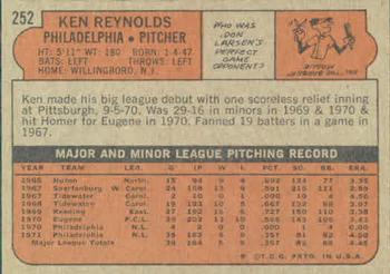 1972 Topps #252 Ken Reynolds Back