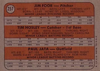 1972 Topps #257 Tigers 1972 Rookie Stars (Jim Foor / Tim Hosley / Paul Jata) Back
