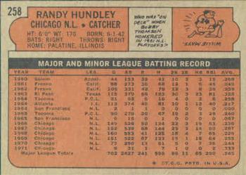 1972 Topps #258 Randy Hundley Back