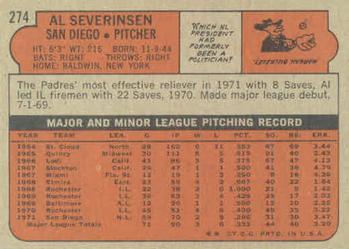 1972 Topps #274 Al Severinsen Back