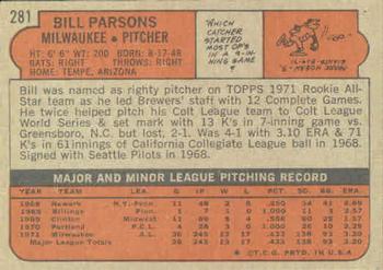 1972 Topps #281 Bill Parsons Back