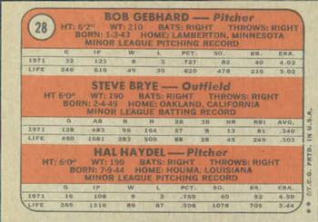 1972 Topps #28 Twins 1972 Rookie Stars (Bob Gebhard / Steve Brye / Hal Haydel) Back