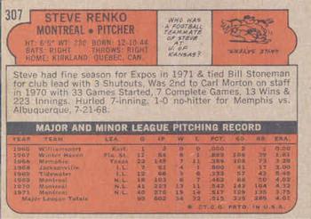 1972 Topps #307 Steve Renko Back