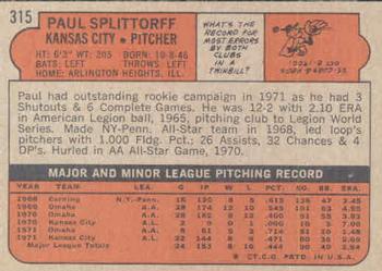 1972 Topps #315 Paul Splittorff Back