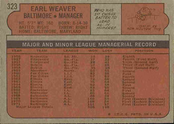 1972 Topps #323 Earl Weaver Back
