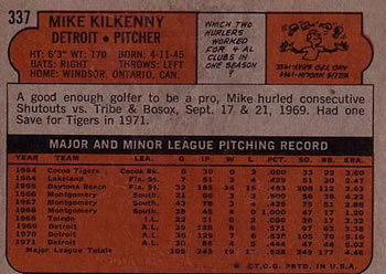 1972 Topps #337 Mike Kilkenny Back