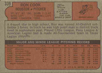1972 Topps #339 Ron Cook Back