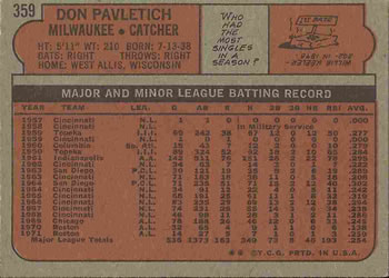 1972 Topps #359 Don Pavletich Back