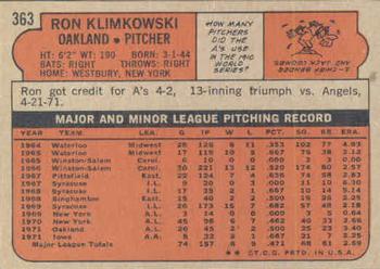 1972 Topps #363 Ron Klimkowski Back