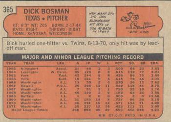 1972 Topps #365 Dick Bosman Back