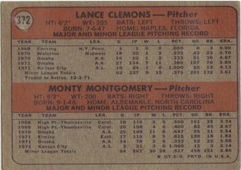 1972 Topps #372 Royals 1972 Rookie Stars (Lance Clemons / Monty Montgomery) Back