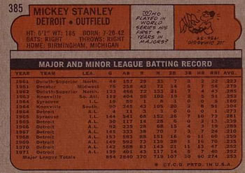 1972 Topps #385 Mickey Stanley Back
