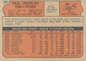 1972 Topps #396 Paul Lindblad Back