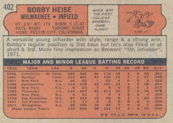 1972 Topps #402 Bobby Heise Back