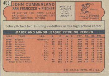 1972 Topps #403 John Cumberland Back