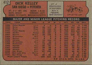 1972 Topps #412 Dick Kelley Back