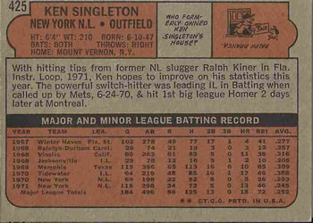 1972 Topps #425 Ken Singleton Back