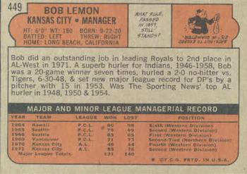 1972 Topps #449 Bob Lemon Back