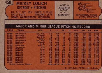 1972 Topps #450 Mickey Lolich Back