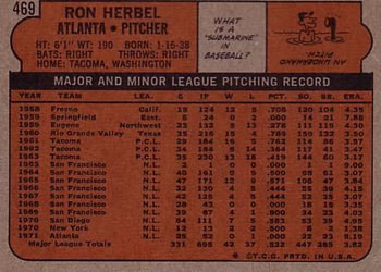 1972 Topps #469 Ron Herbel Back