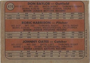 1972 Topps #474 Orioles 1972 Rookie Stars (Don Baylor / Roric Harrison / Johnny Oates) Back