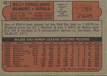 1972 Topps #481 Billy Conigliaro Back