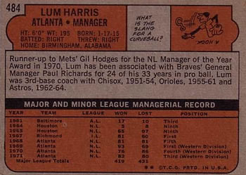 1972 Topps #484 Lum Harris Back