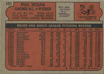 1972 Topps #485 Phil Regan Back