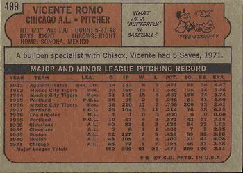 1972 Topps #499 Vicente Romo Back