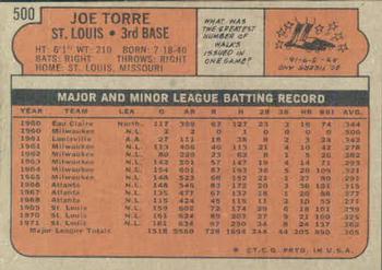 1972 Topps #500 Joe Torre Back