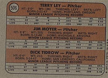 1972 Topps #506 Indians 1972 Rookie Stars (Terry Ley / Jim Moyer / Dick Tidrow) Back