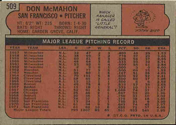 1972 Topps #509 Don McMahon Back