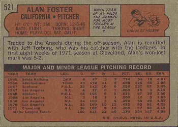 1972 Topps #521 Alan Foster Back