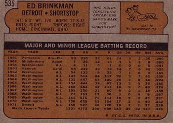 1972 Topps #535 Ed Brinkman Back