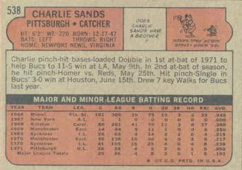 1972 Topps #538 Charlie Sands Back
