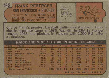 1972 Topps #548 Frank Reberger Back