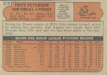 1972 Topps #573 Fritz Peterson Back