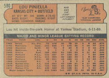 1972 Topps #580 Lou Piniella Back