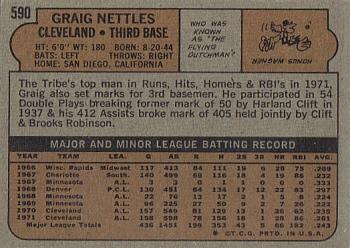 1972 Topps #590 Graig Nettles Back
