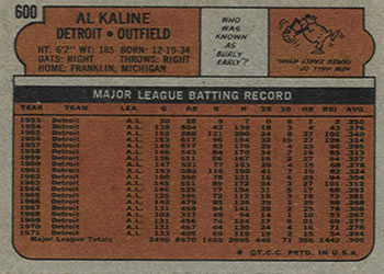 1972 Topps #600 Al Kaline Back