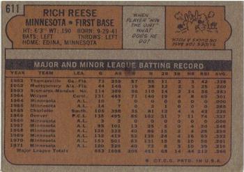1972 Topps #611 Rich Reese Back