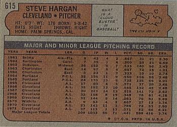 1972 Topps #615 Steve Hargan Back